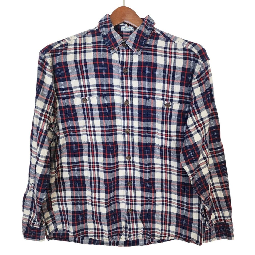 Duluth Trading Co Mens M Untucked Plaid Flannel Long Sleeve Shirt Cotton Blue